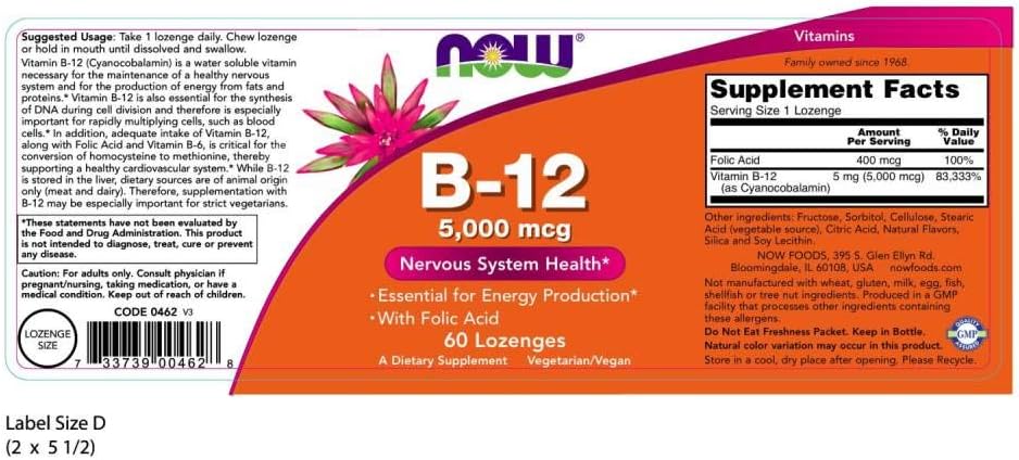 NOW Foods B-12 5,000 mcg Lozenges - 60 Count - BoostGo Australia