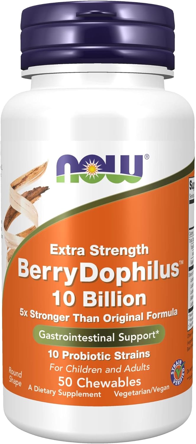 NOW Foods BerryDophilus™ Probiotic Supplement for Adults & Children - 10 Strains, Extra Strength, 50 Chewables