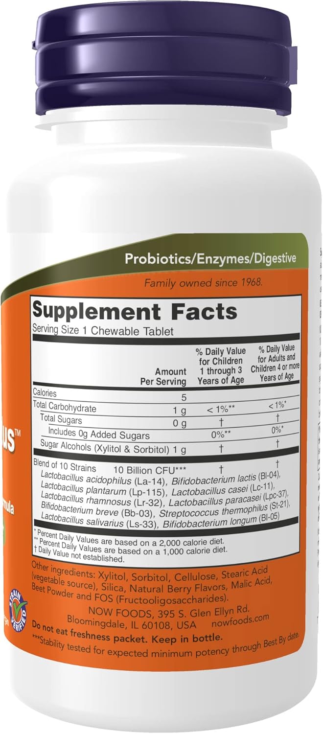 NOW Foods BerryDophilus™ Probiotic Supplement for Adults & Children - 10 Strains, Extra Strength, 50 Chewables