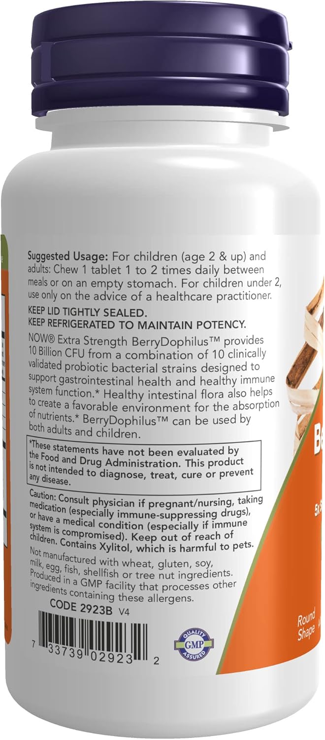 NOW Foods BerryDophilus™ Probiotic Supplement for Adults & Children - 10 Strains, Extra Strength, 50 Chewables