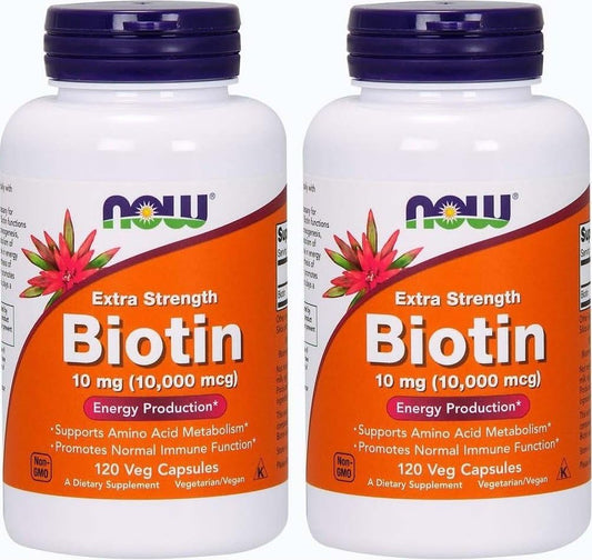Now Foods Biotin 10 mg Extra Strength 240 Vcaps, Pack of 2 - Double the Strength for Hair, Skin, and Nails