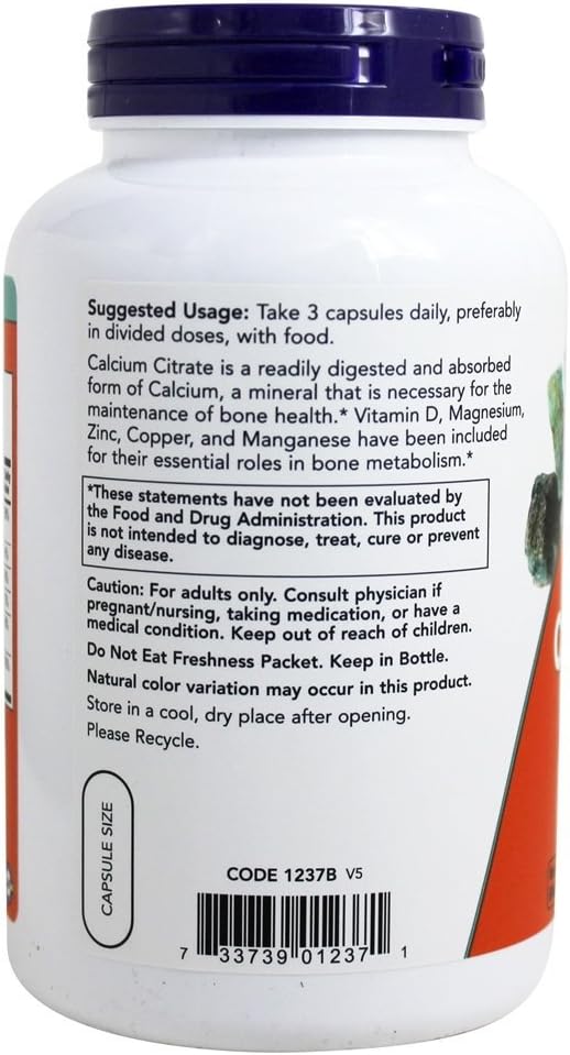 NOW Foods Calcium Citrate 240 Vegetarian Capsules - Essential Mineral Supplement for Bone Health