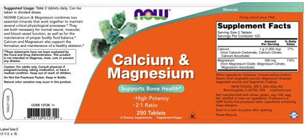 Now Foods Calcium & Magnesium Tablets - Pack of 2, 500 Total Tablets
