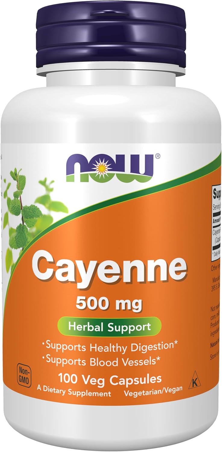 NOW Foods Cayenne Capsules 500mg - Herbal Support Supplement - 100 Vegetarian Capsules