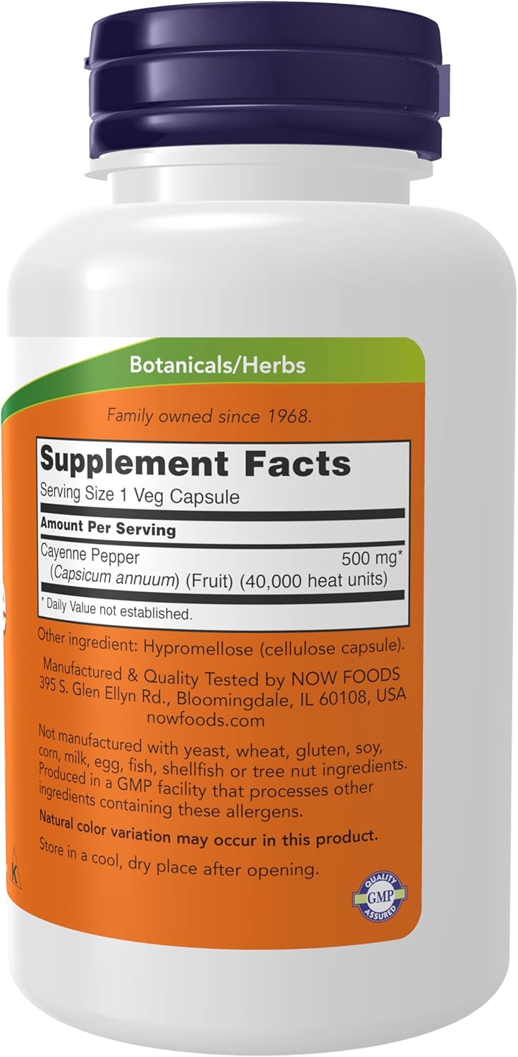 NOW Foods Cayenne Capsules 500mg - Herbal Support Supplement - 100 Vegetarian Capsules