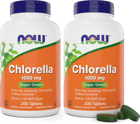 Now Foods Chlorella Tablets - 1000mg, 200 Count (Pack of 2) - Rich in Chlorophyll, Beta-Carotene - Non-GMO, Vegan - Superfood Supplement for Women and Men