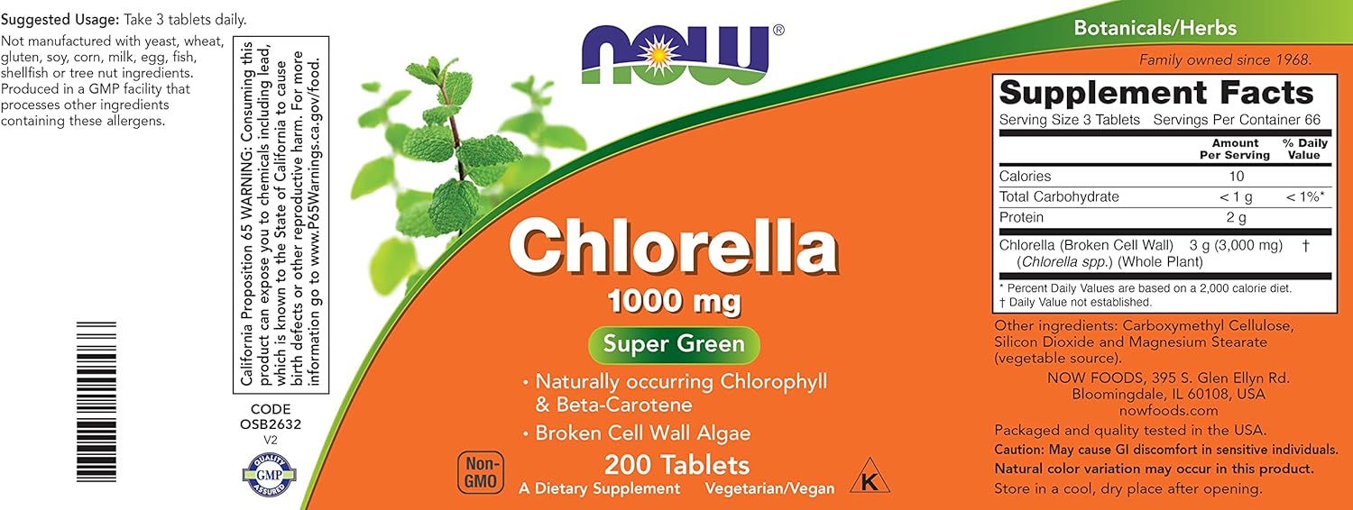 Now Foods Chlorella Tablets - 1000mg, 200 Count (Pack of 2) - Rich in Chlorophyll, Beta-Carotene - Non-GMO, Vegan - Superfood Supplement for Women and Men