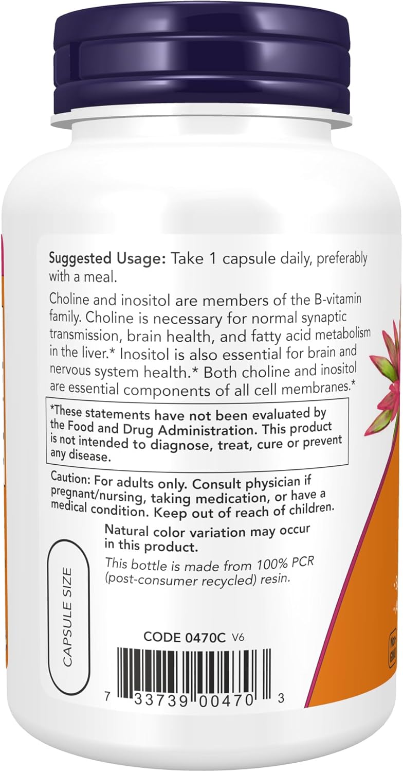 NOW Foods Choline & Inositol 500mg Supplement for Healthy Nerve Transmission & Nervous System Health - 100 Capsules x 2