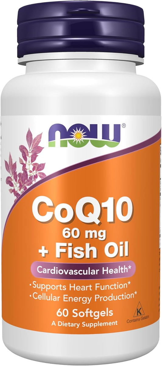 NOW Foods CoQ10 60mg with Omega 3 Fish Oil Softgels for Cardiovascular Health - 60 Count
