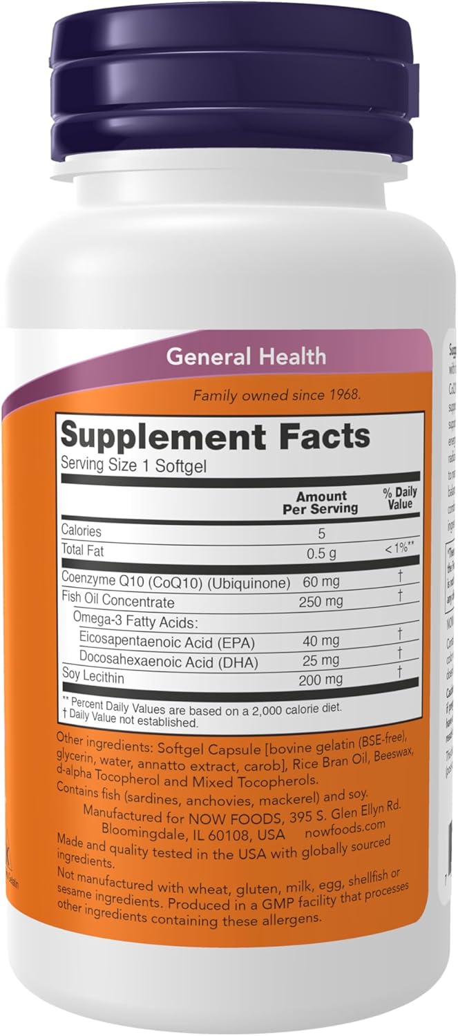 NOW Foods CoQ10 60mg with Omega 3 Fish Oil Softgels for Cardiovascular Health - 60 Count