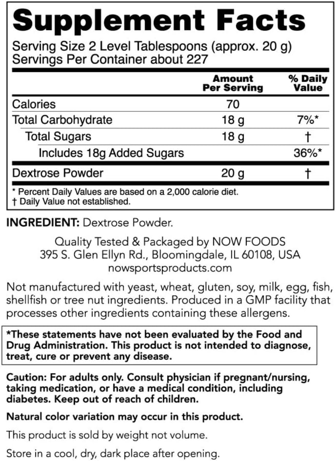 NOW Foods Dextrose Powder for Energy Production in Sports Nutrition, 10lb