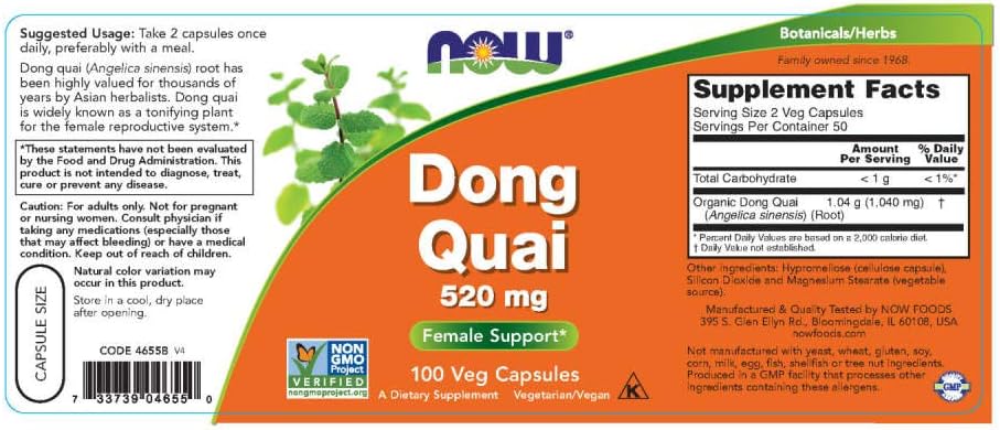 NOW Foods Dong Quai 520mg 100 Capsules - Twin Pack for Hormonal Balance & Menstrual Health