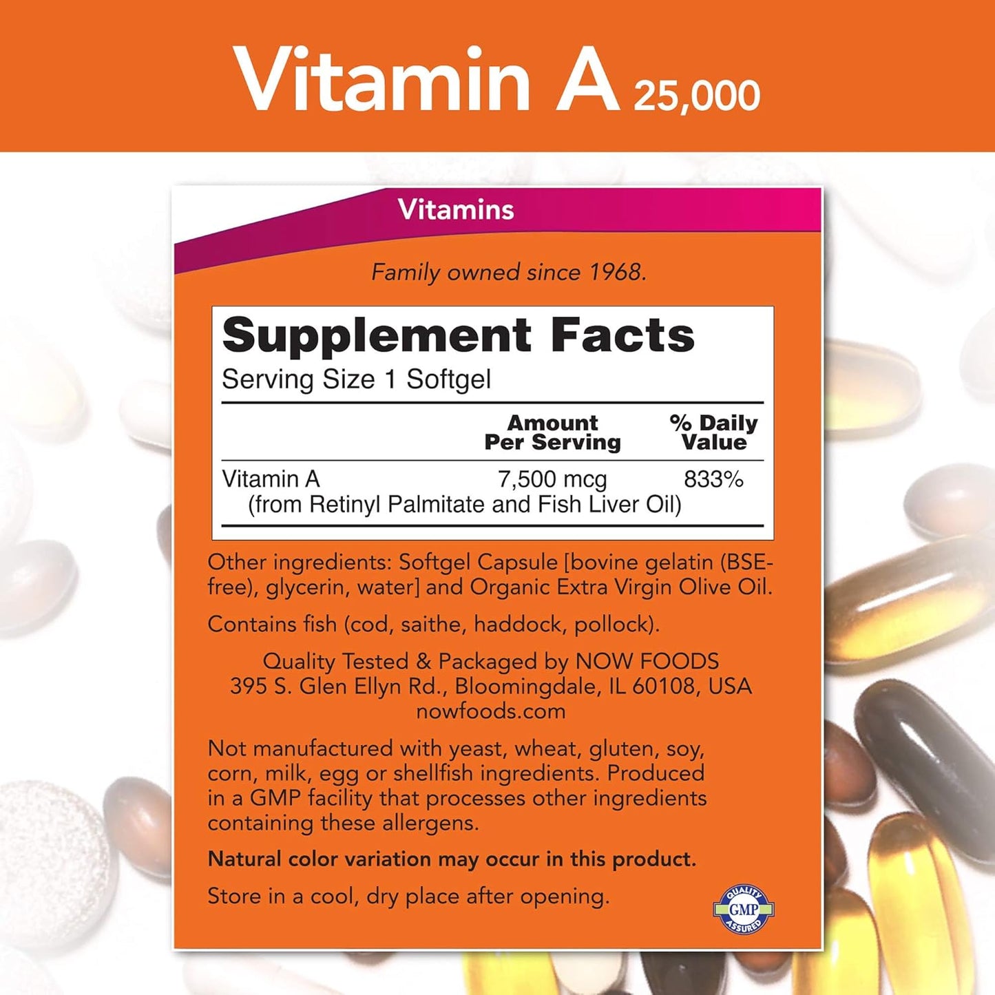 Now Foods Fish Liver Oil Vitamin A 25000IU Softgels, 250 Count (Pack of 4)
