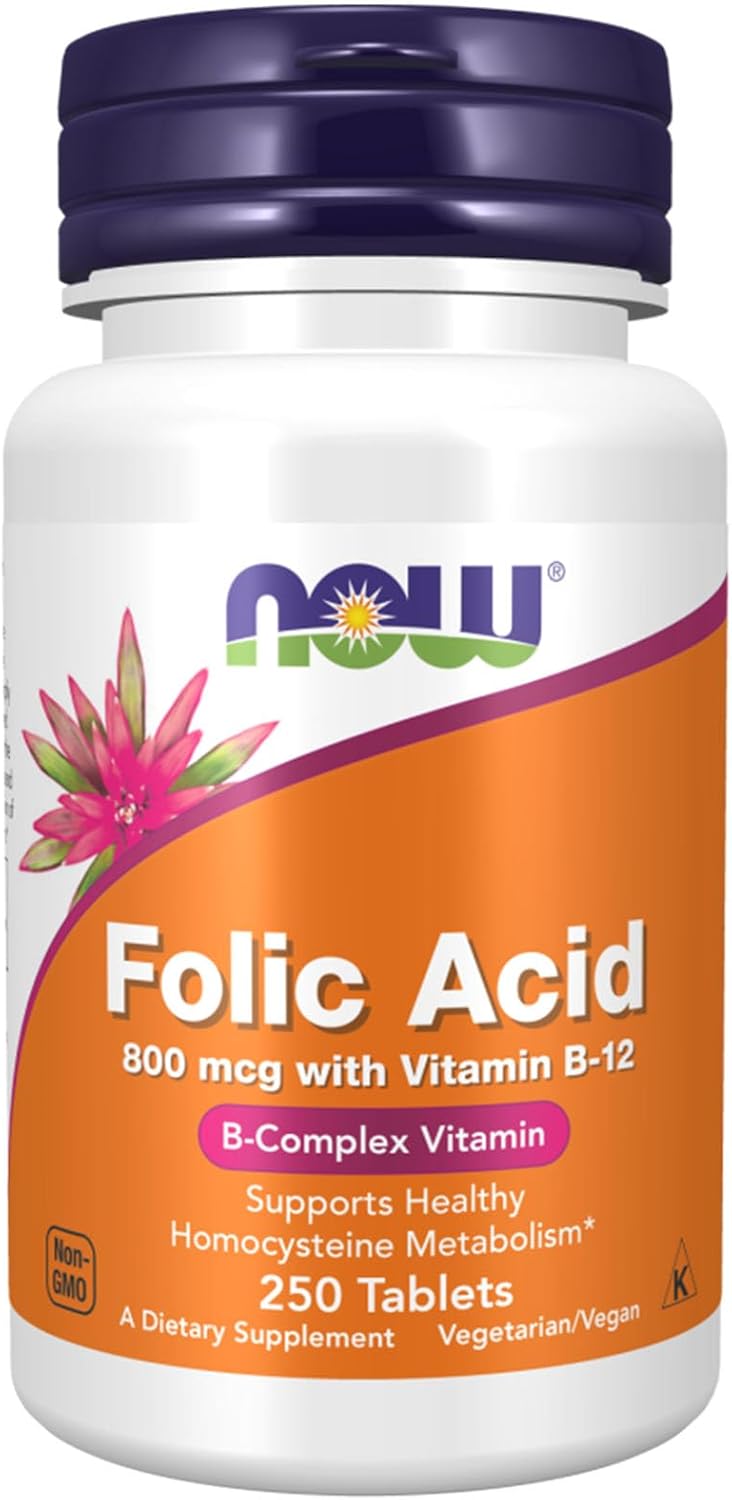 Now Foods Folic Acid 800mcg, 250 Tablets - Essential Vitamin Supplement for Overall Health & Wellness