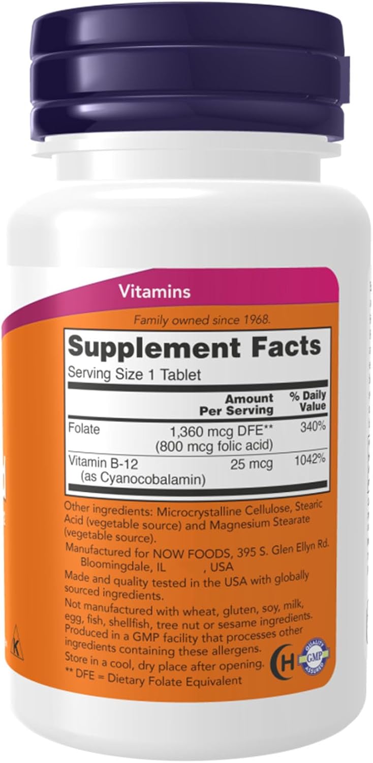 Now Foods Folic Acid 800mcg, 250 Tablets - Essential Vitamin Supplement for Overall Health & Wellness