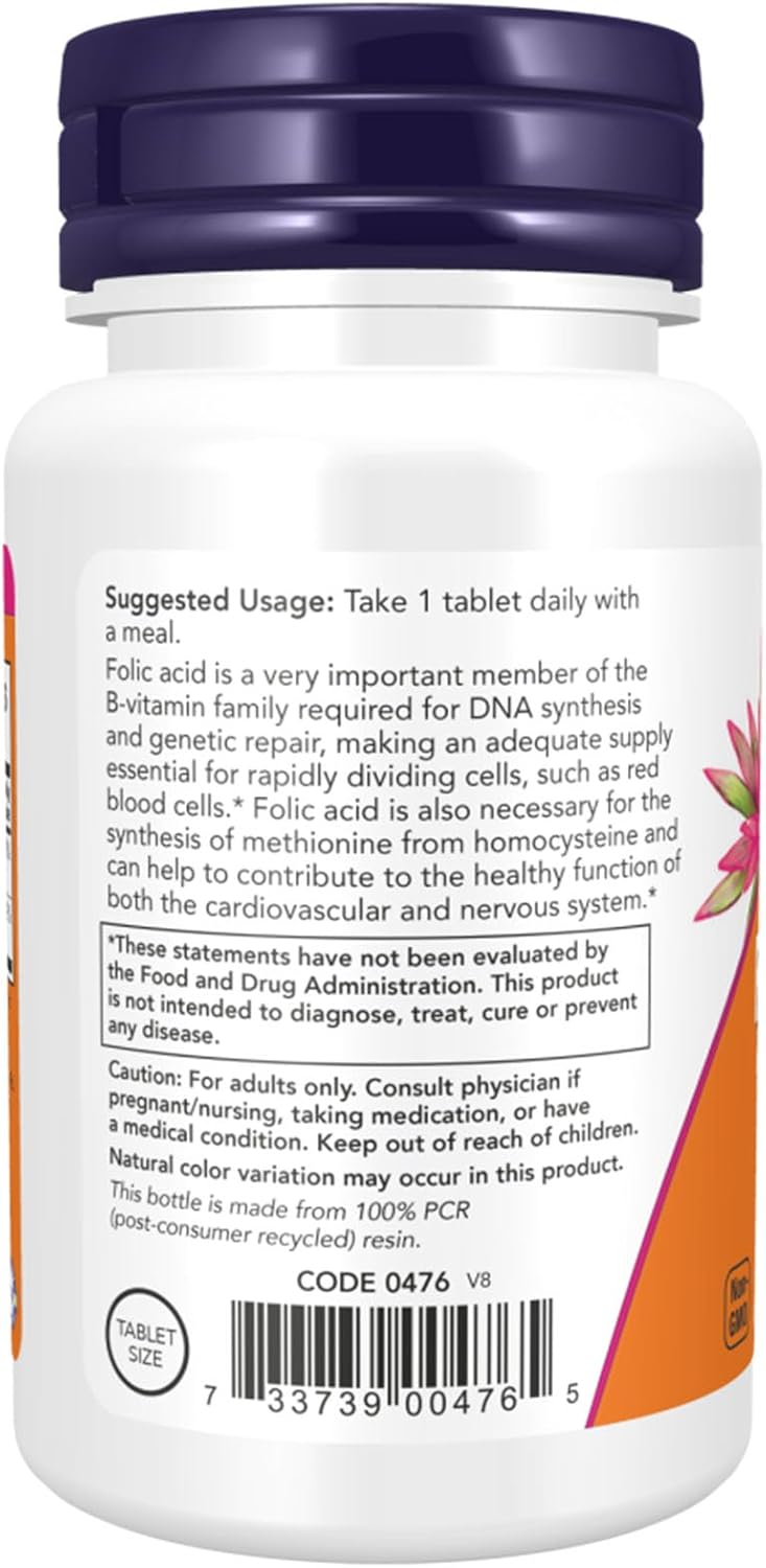 Now Foods Folic Acid 800mcg, 250 Tablets - Essential Vitamin Supplement for Overall Health & Wellness
