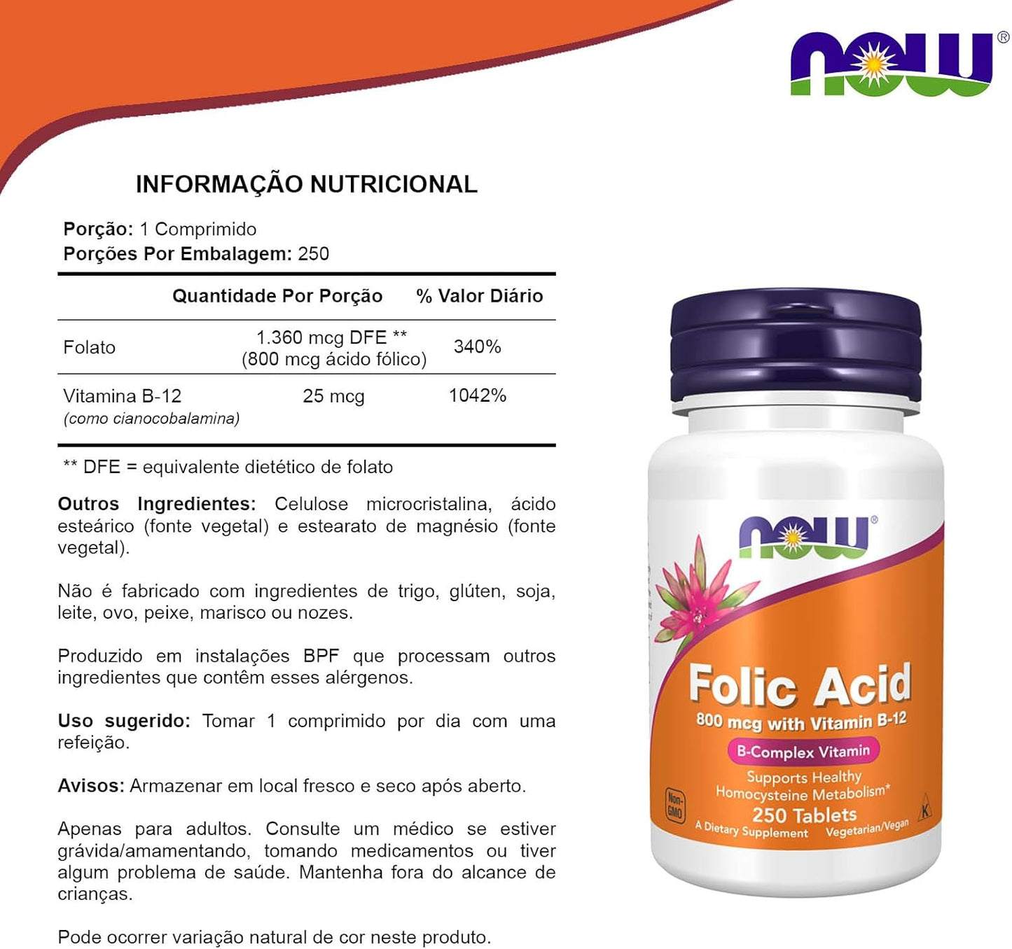 Now Foods Folic Acid 800mcg, 250 Tablets - Essential Vitamin Supplement for Overall Health & Wellness