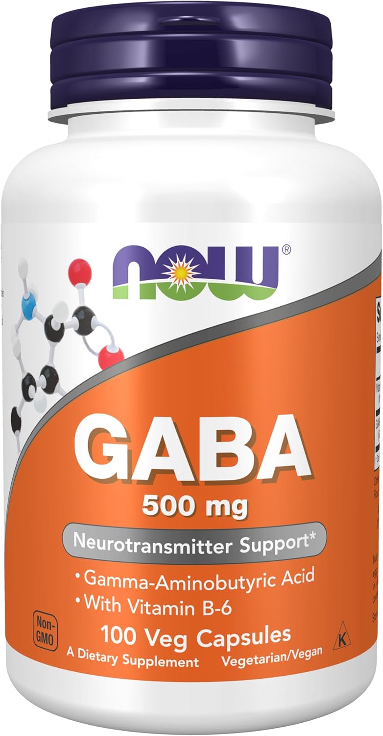 NOW Foods GABA 500mg with B-6, Natural Neurotransmitter Supplement - 100 Veg Capsules