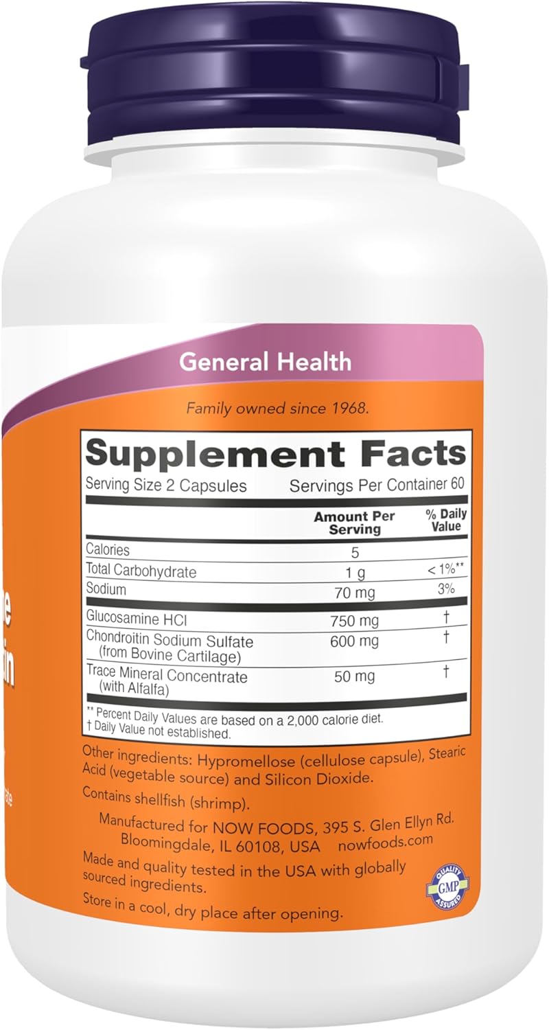 NOW Foods Glucosamine & Chondroitin Supplements with Trace Mineral Concentrate and Alfalfa - 120 Veg Capsules
