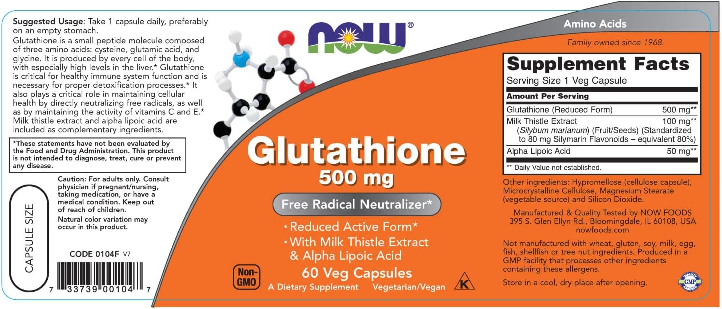 Now Foods Glutathione Supplement 500mg - 60 Vegetarian Capsules