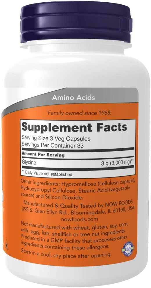 Now Foods Glycine 1000 mg - Pharmaceutical Grade Amino Acid - 100 Capsules