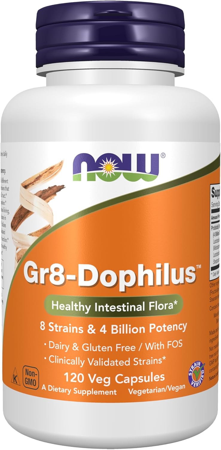 NOW Foods Gr8-Dophilus™ Probiotic Supplement - 8 Strains, 4 Billion Potency, 120 Veg Capsules