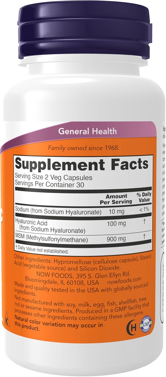 NOW Foods Hyaluronic Acid 50 mg with MSM, Joint Support, 60 Veg Capsules - BoostGo Australia