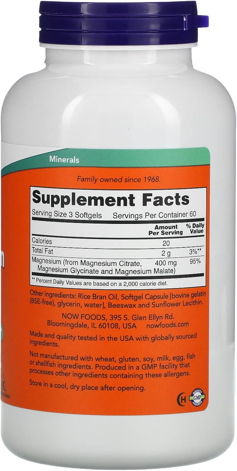 NOW Foods Magnesium Citrate Softgels - 180 Count, High Absorption Formula