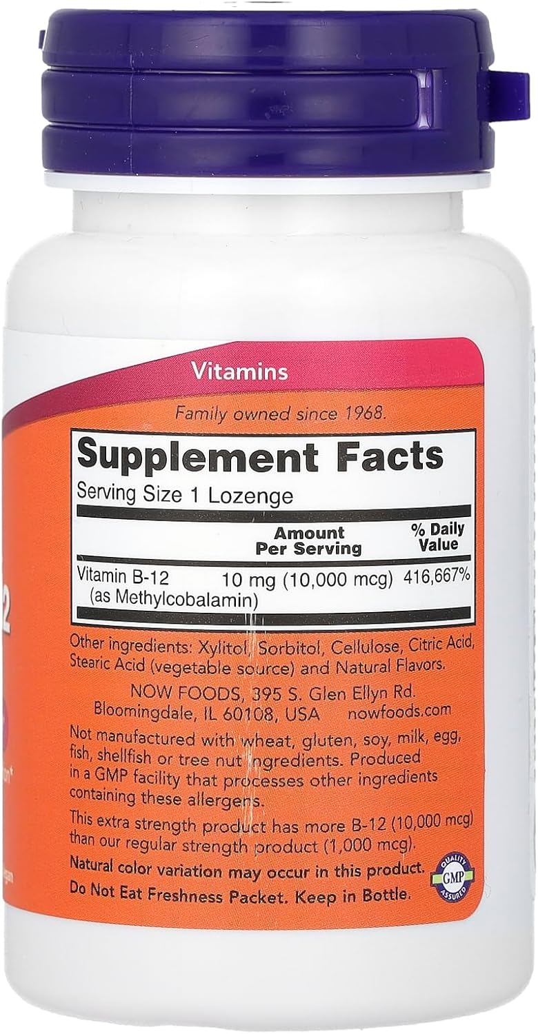 NOW Foods Methyl B-12 (Methylcobalamin) 10,000 mcg Lozenges for Nervous System Health - 60 Count