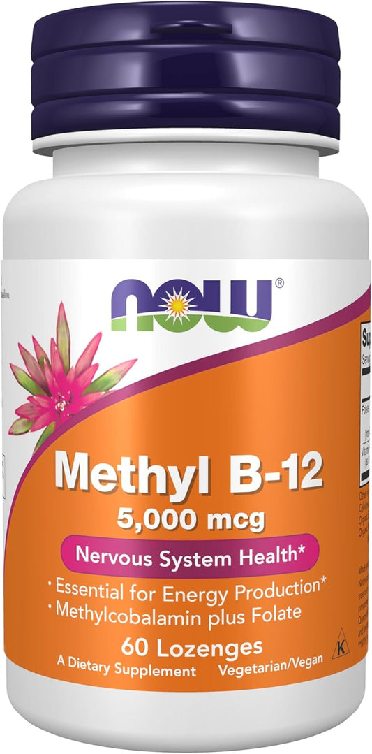 NOW Foods Methyl B-12 (Methylcobalamin) 5,000 mcg Lozenges for Nervous System Health - 60 Count