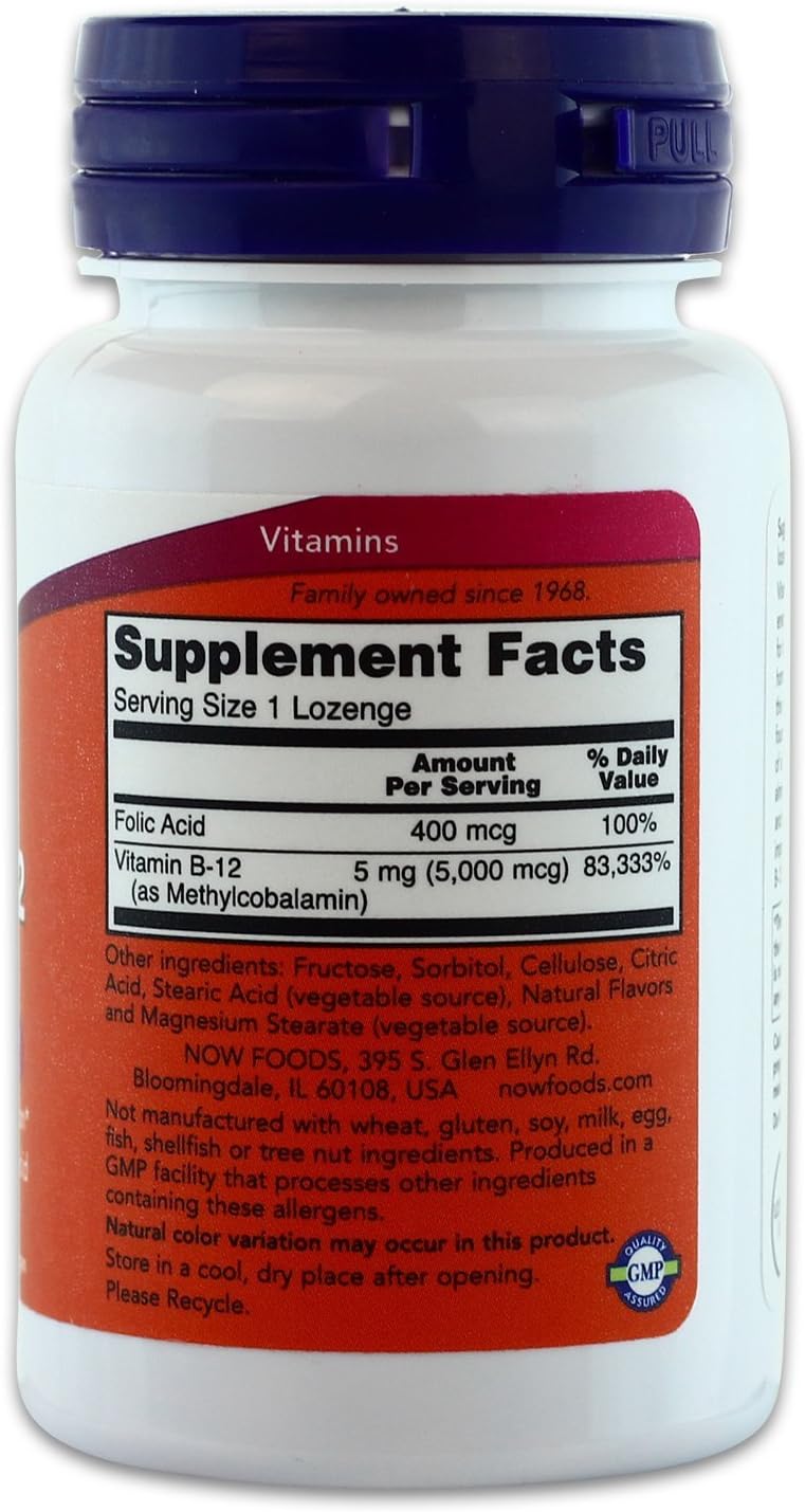 NOW Foods Methyl B12 Lozenges with Folic Acid - High Potency 5,000 MCG - 120 Count