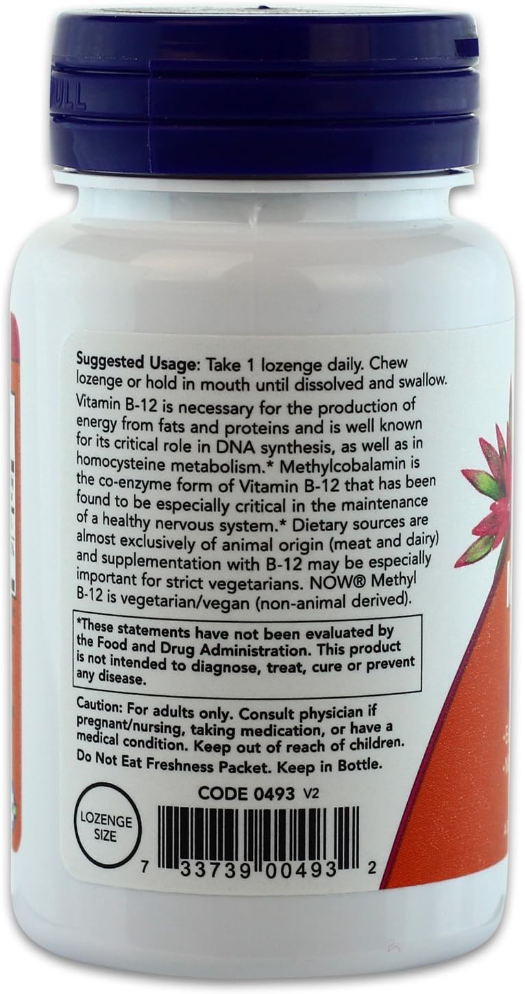 NOW Foods Methyl B12 Lozenges with Folic Acid - High Potency 5,000 MCG - 120 Count