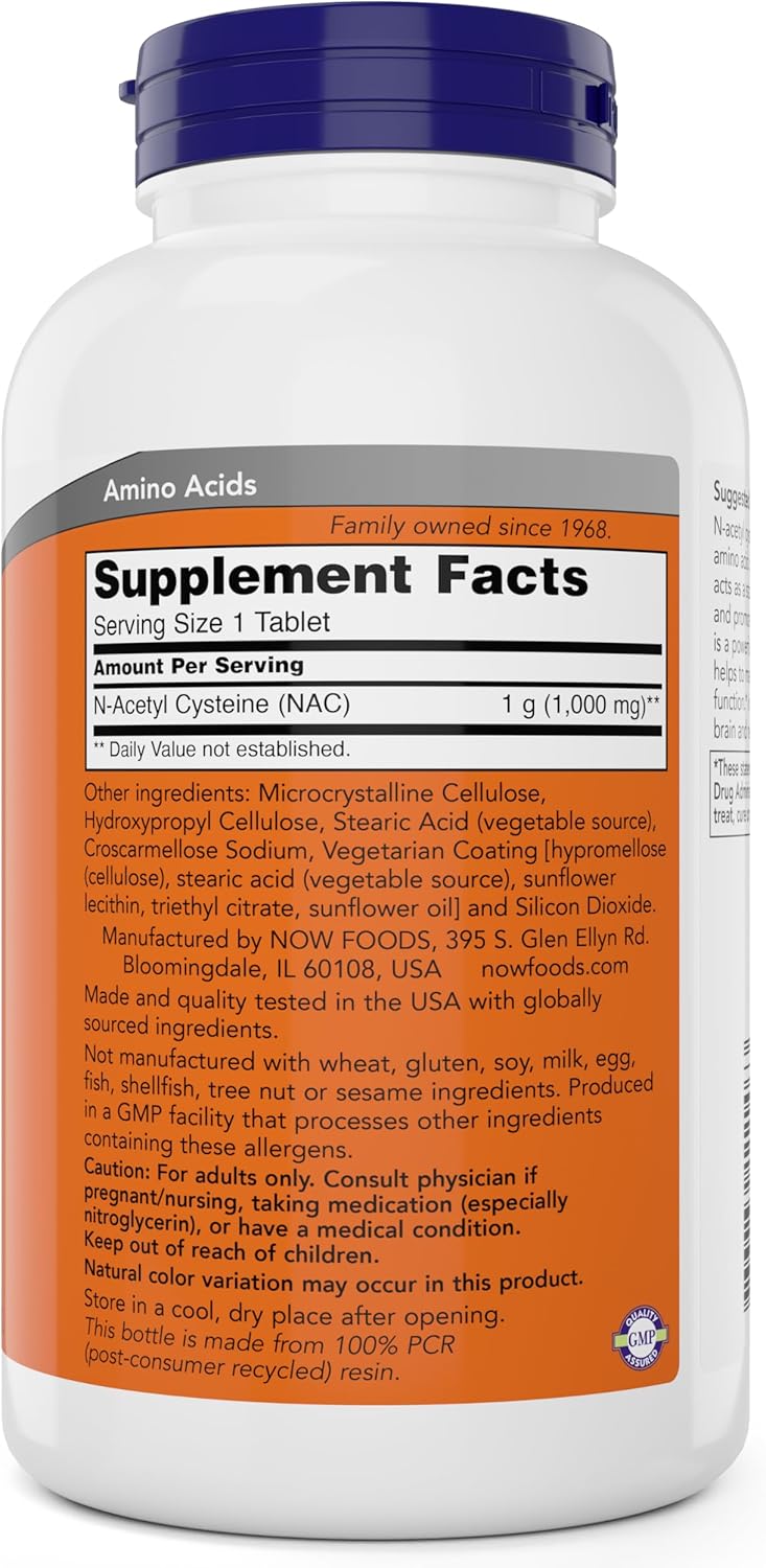 NOW Foods NAC 1000mg Tablets - 250 Count, Vegetarian, Vegan, Non-GMO Formula