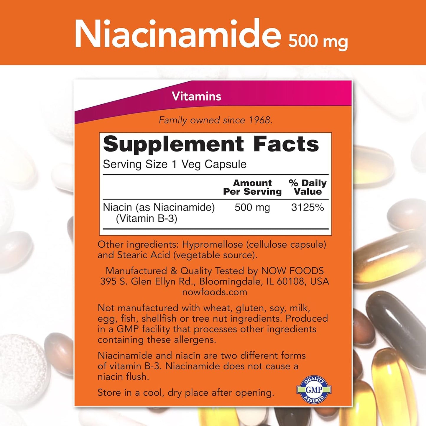 NOW Foods Niacinamide 500mg - 100 Capsules - Vitamin B3 Supplement
