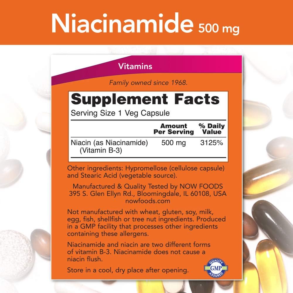 NOW Foods Niacinamide 500mg Capsules - Pack of 4 - Vitamin B3 Supplement for Skin Health and Cellular Energy Support