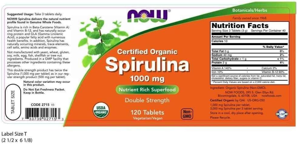 Now Foods Organic Spirulina Tablets - 1000mg, 120 Count