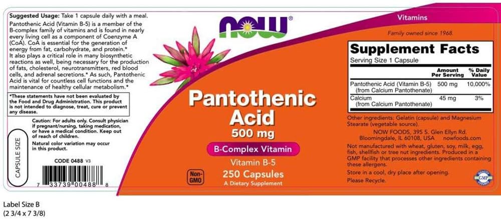 Now Foods Pantothenic Acid 500 mg, 250 Capsule Double Pack for Enhanced Wellness