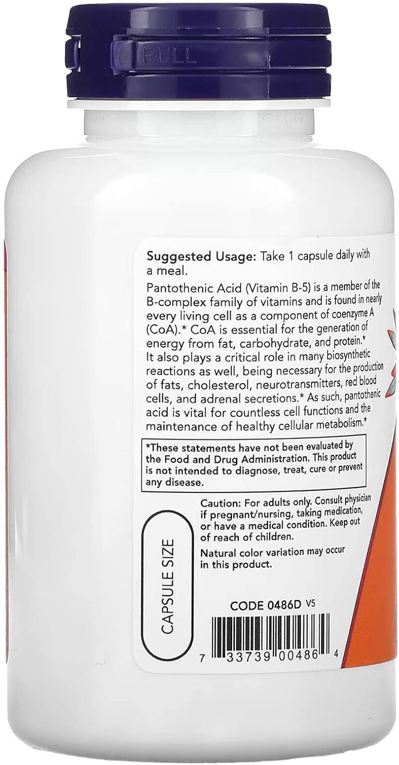 NOW Foods Pantothenic Acid 500mg - 100 Capsules, High Potency Vitamin B5 Supplement