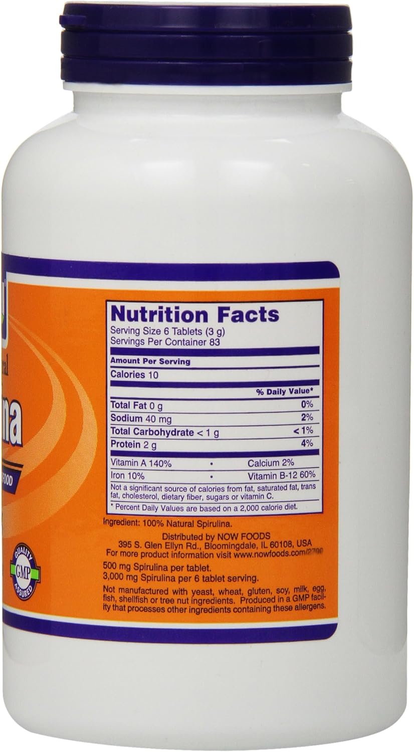 NOW Foods Spirulina Tablets 500mg - 500 Count Bottle - Organic Spirulina Supplement
