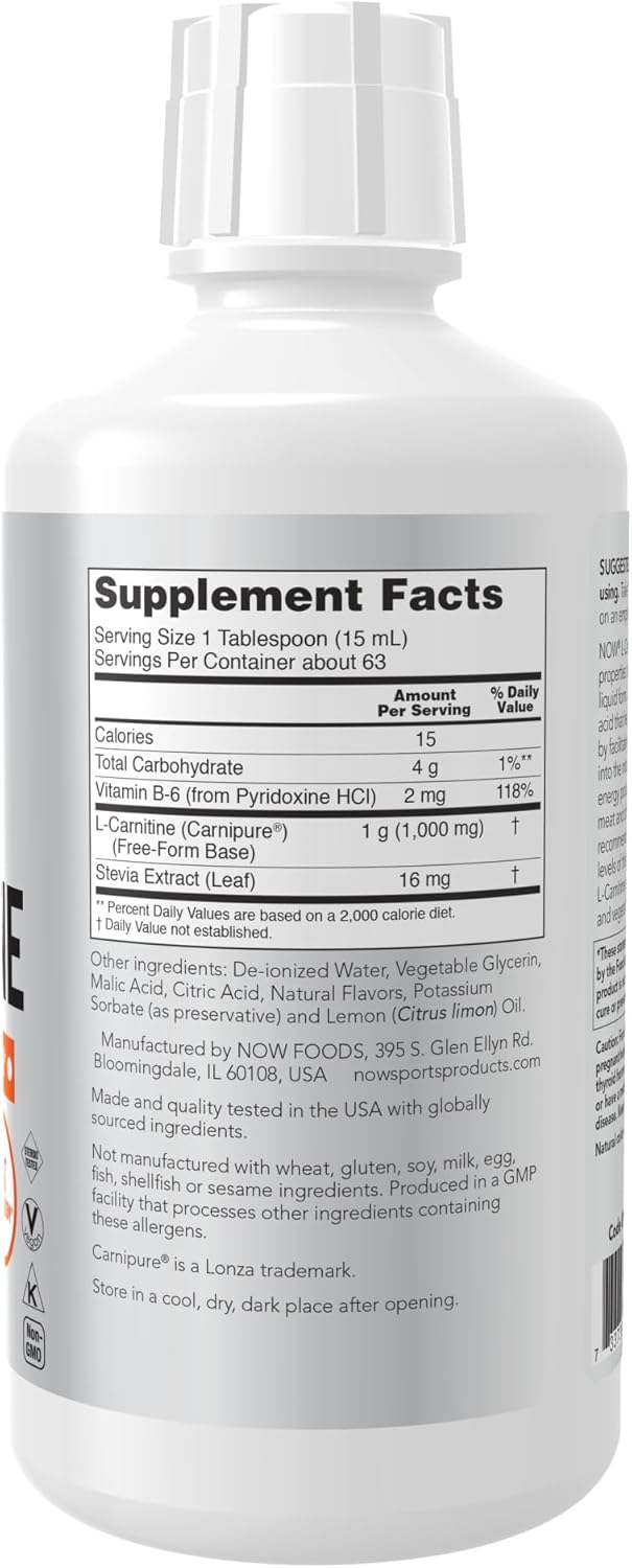 Now Foods Sports Liquid L-Carnitine Citrus Supplement 1000mg 32 fl oz Bottle
