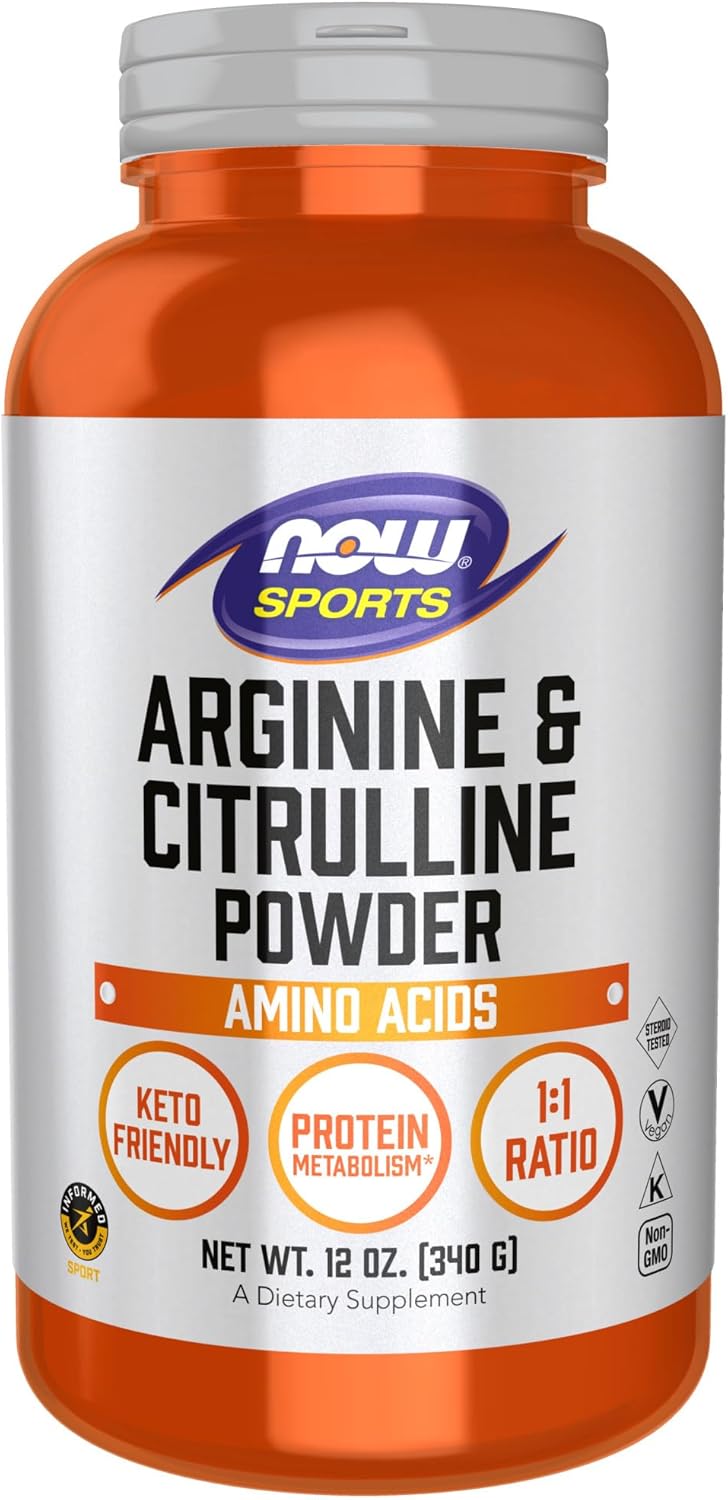 NOW Foods Sports Nutrition Arginine & Citrulline Powder 1:1 Ratio Amino Acid Supplement 12-Ounce Jar