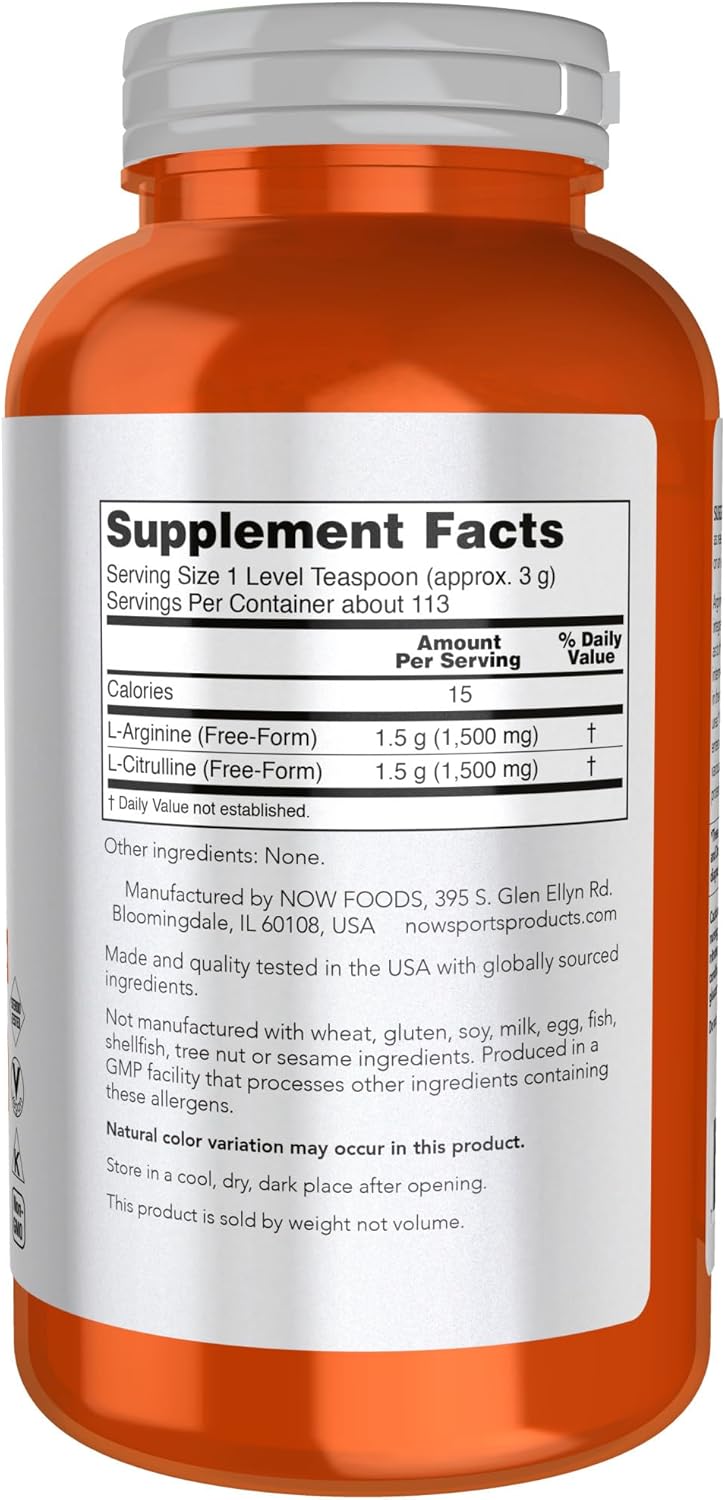 NOW Foods Sports Nutrition Arginine & Citrulline Powder 1:1 Ratio Amino Acid Supplement 12-Ounce Jar