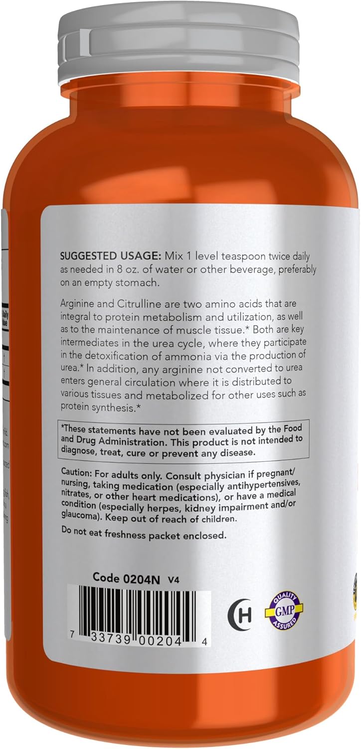 NOW Foods Sports Nutrition Arginine & Citrulline Powder 1:1 Ratio Amino Acid Supplement 12-Ounce Jar