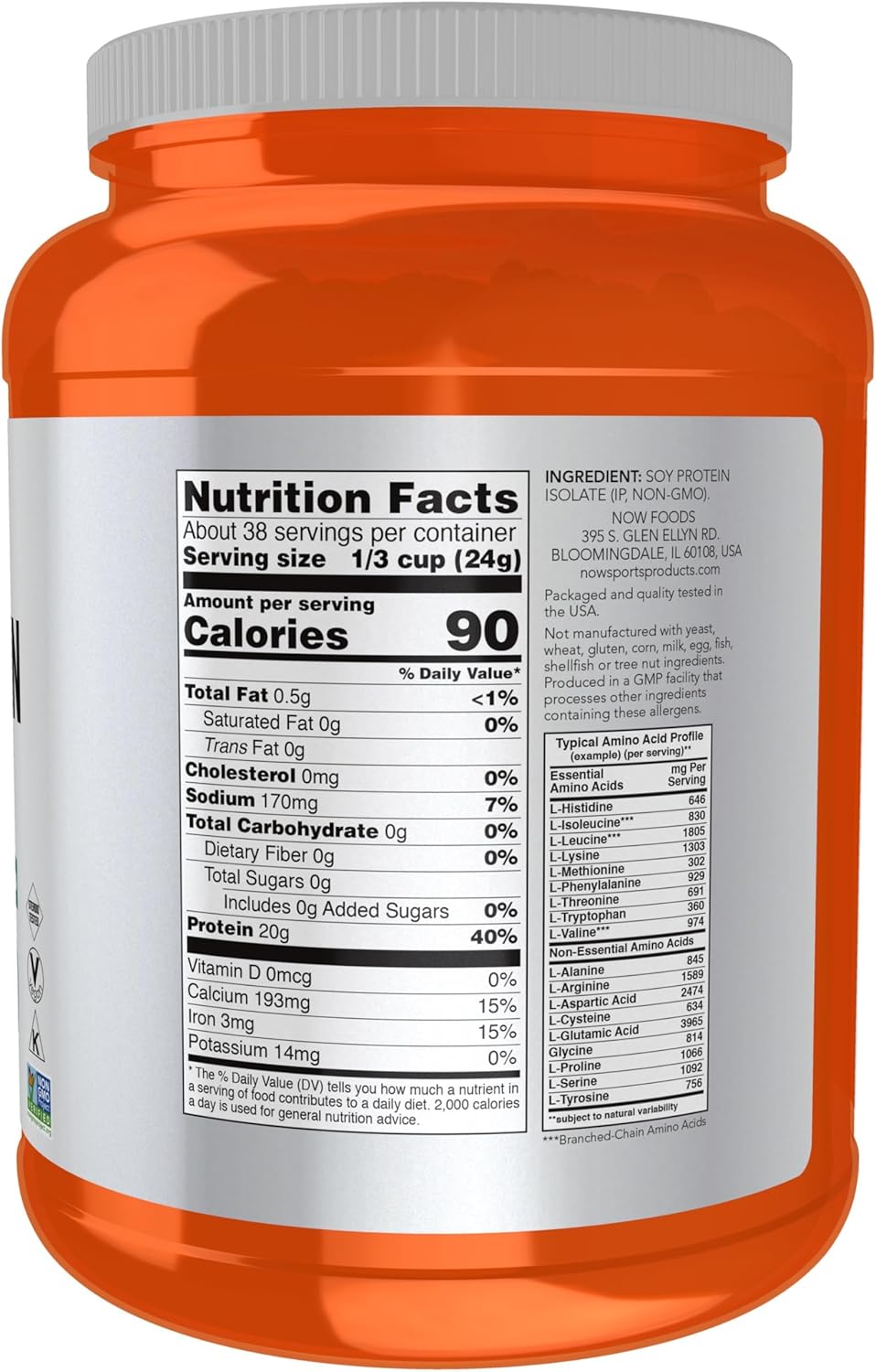 NOW Foods Sports Nutrition Soy Protein Isolate Powder - 20g Protein, Zero Carbs, Unflavored - 2lb