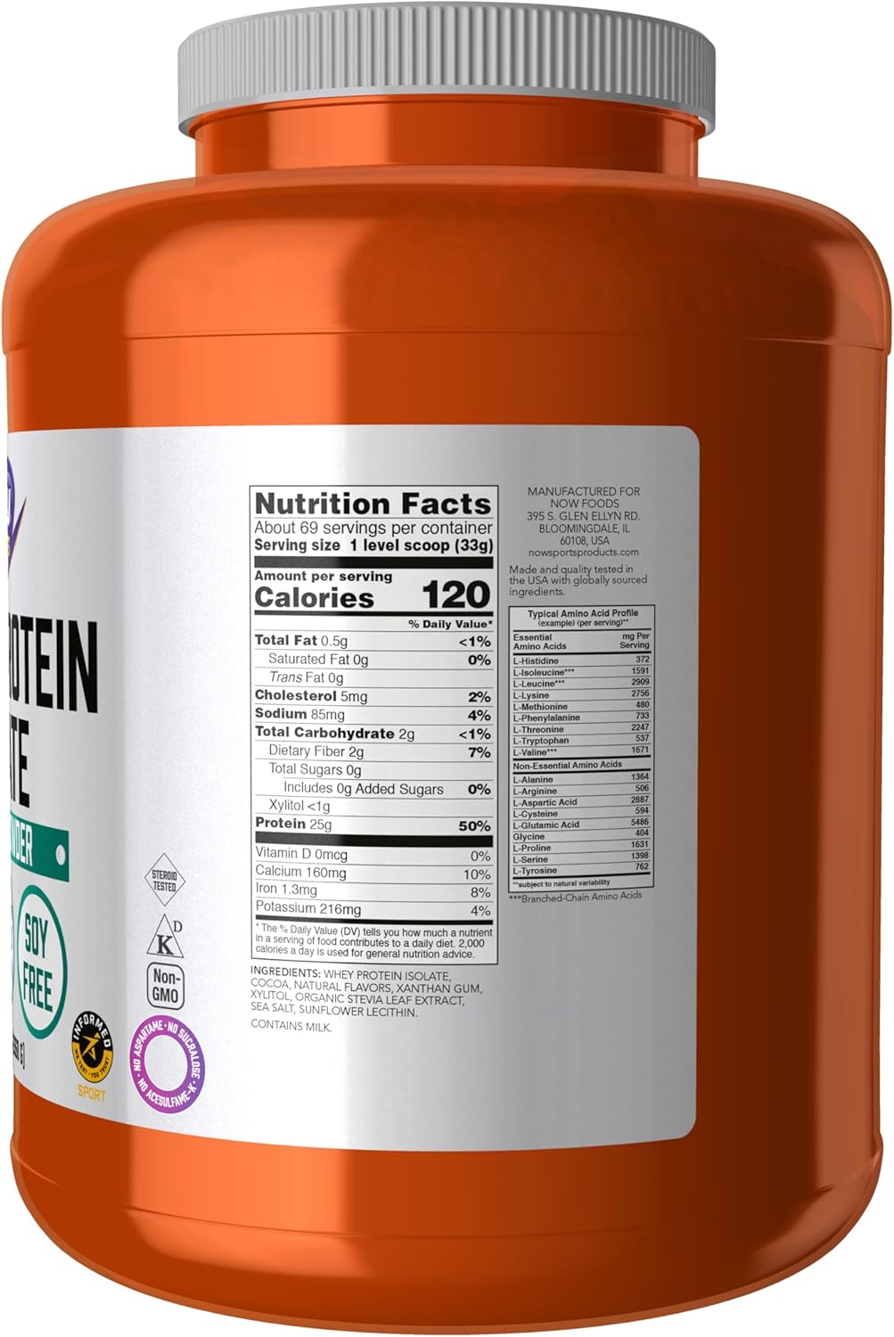 NOW Foods Sports Nutrition Whey Protein Isolate Powder, 5 lb, Creamy Chocolate Flavor, 25g Protein with BCAAs for Muscle Recovery and Growth