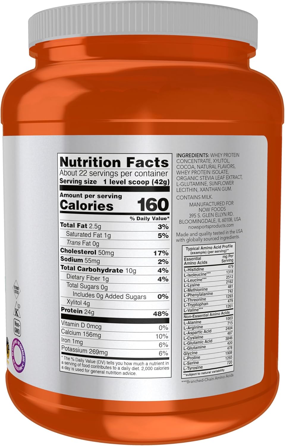 NOW Foods Sports Nutrition Whey Protein Powder, Creamy Chocolate Flavor, 24g Protein with BCAAs, 2lb Pack