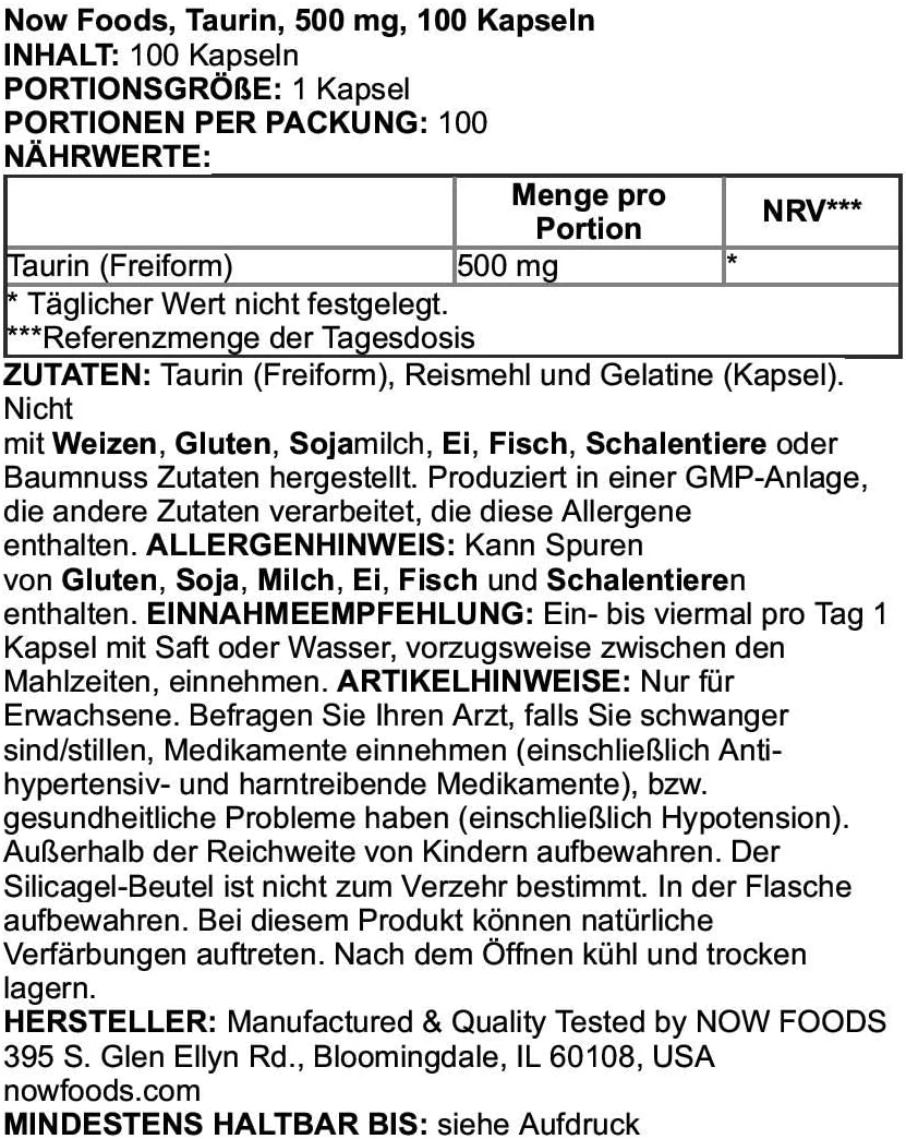 NOW Foods Taurine Dietary Supplement Capsules - 100 Count, 500mg