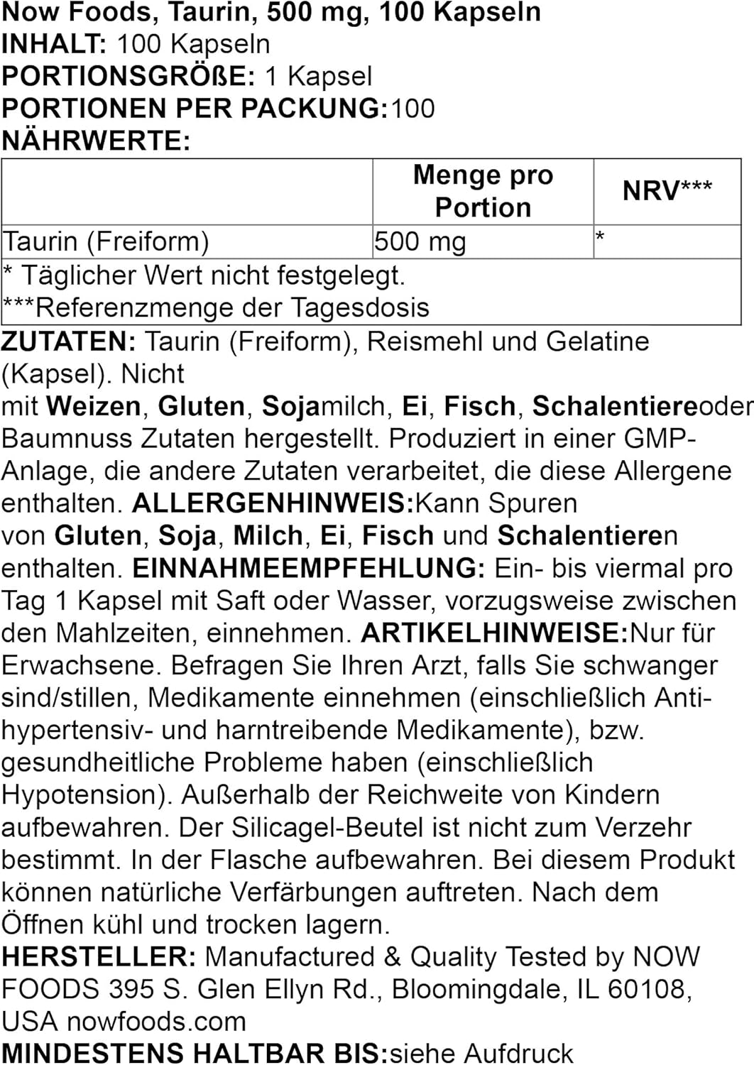 NOW Foods Taurine Dietary Supplement Capsules - 100 Count, 500mg