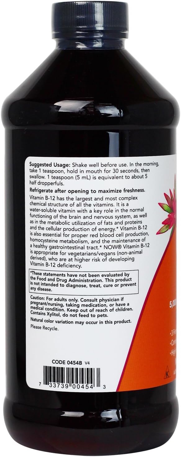 NOW Foods Ultra B-12 Liquid Energy Boost 5000 mcg - 16 oz 2-Pack - Fast Absorption Formula