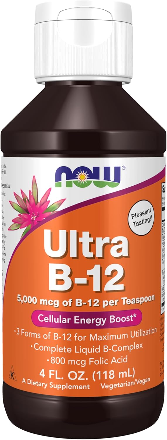 NOW Foods Ultra B-12 Liquid Supplement with 800 mcg Folic Acid for Cellular Energy Production - 4-Ounce Bottle